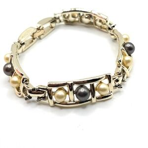 Sarah Coventry "Candlelight" Faux Pearl Beaded Gold Link Vintage Bracelet